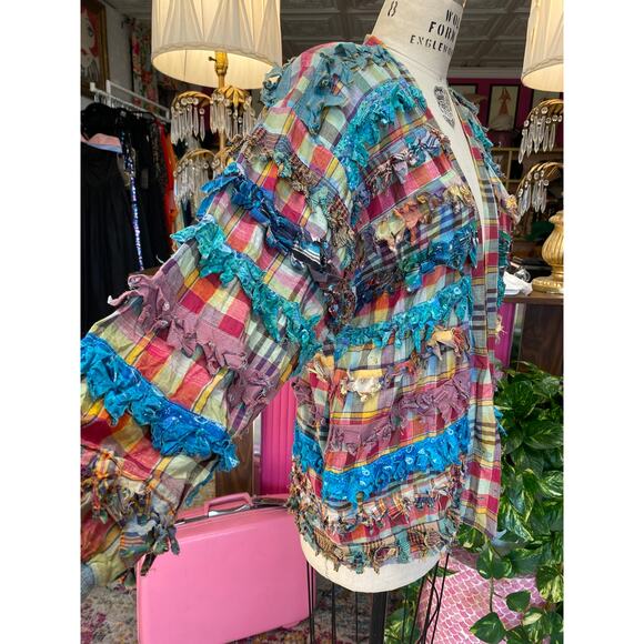 vintage 1990s Paula Sweet plaid fringe oversized rag jacket - Picture 3 of 8